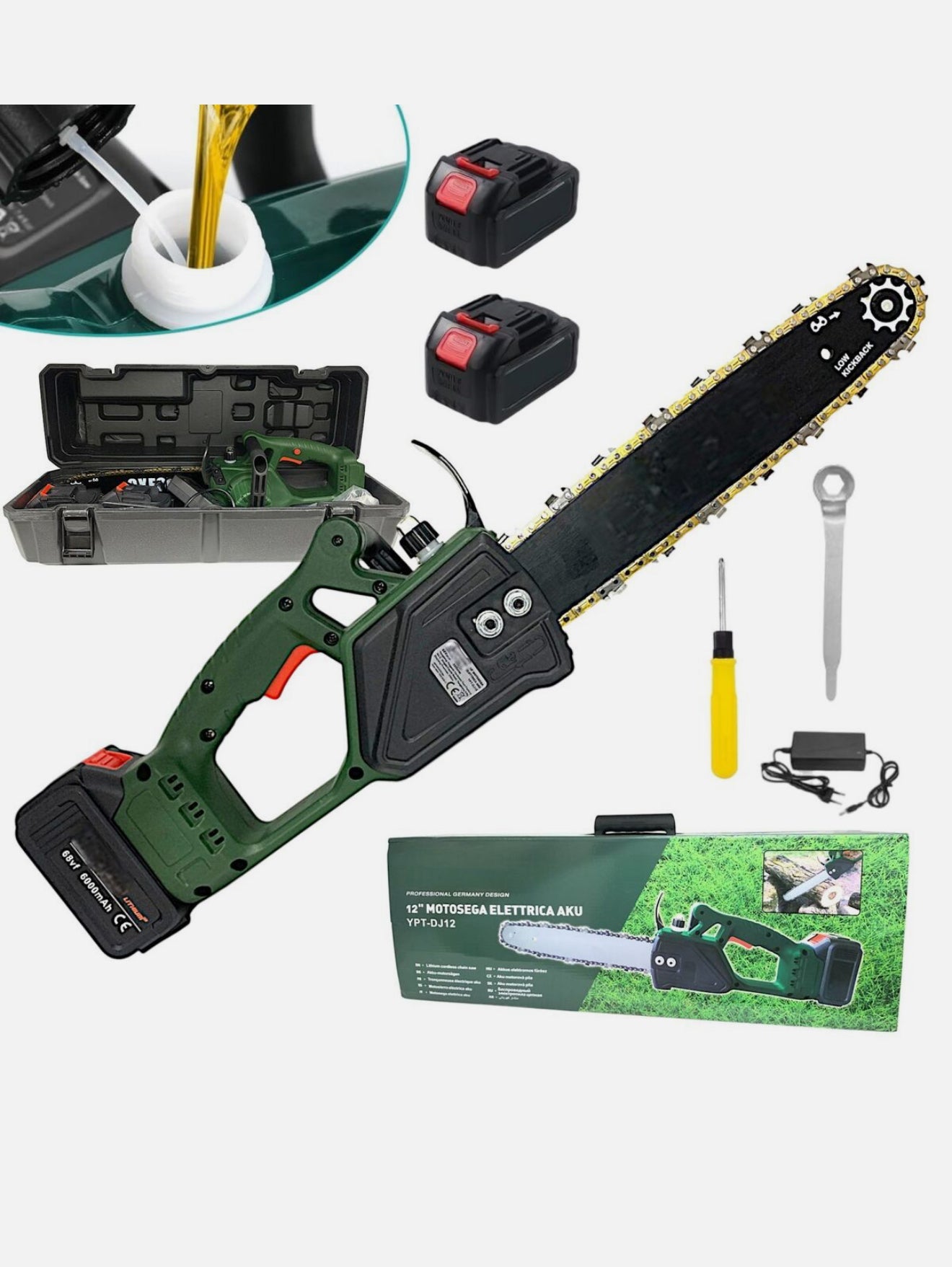 Motosega a Batteria con Lama da 12" 30cm con Serbatoio Olio Automatico 2X6V 6AH